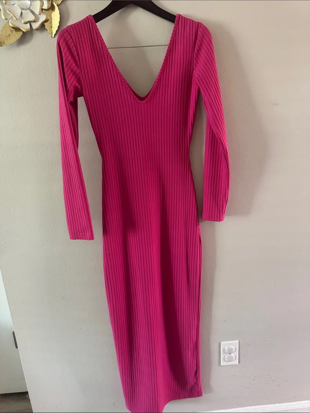 Fitted Ribbed V-Neck Long Sleeve Dress — Hot Pink